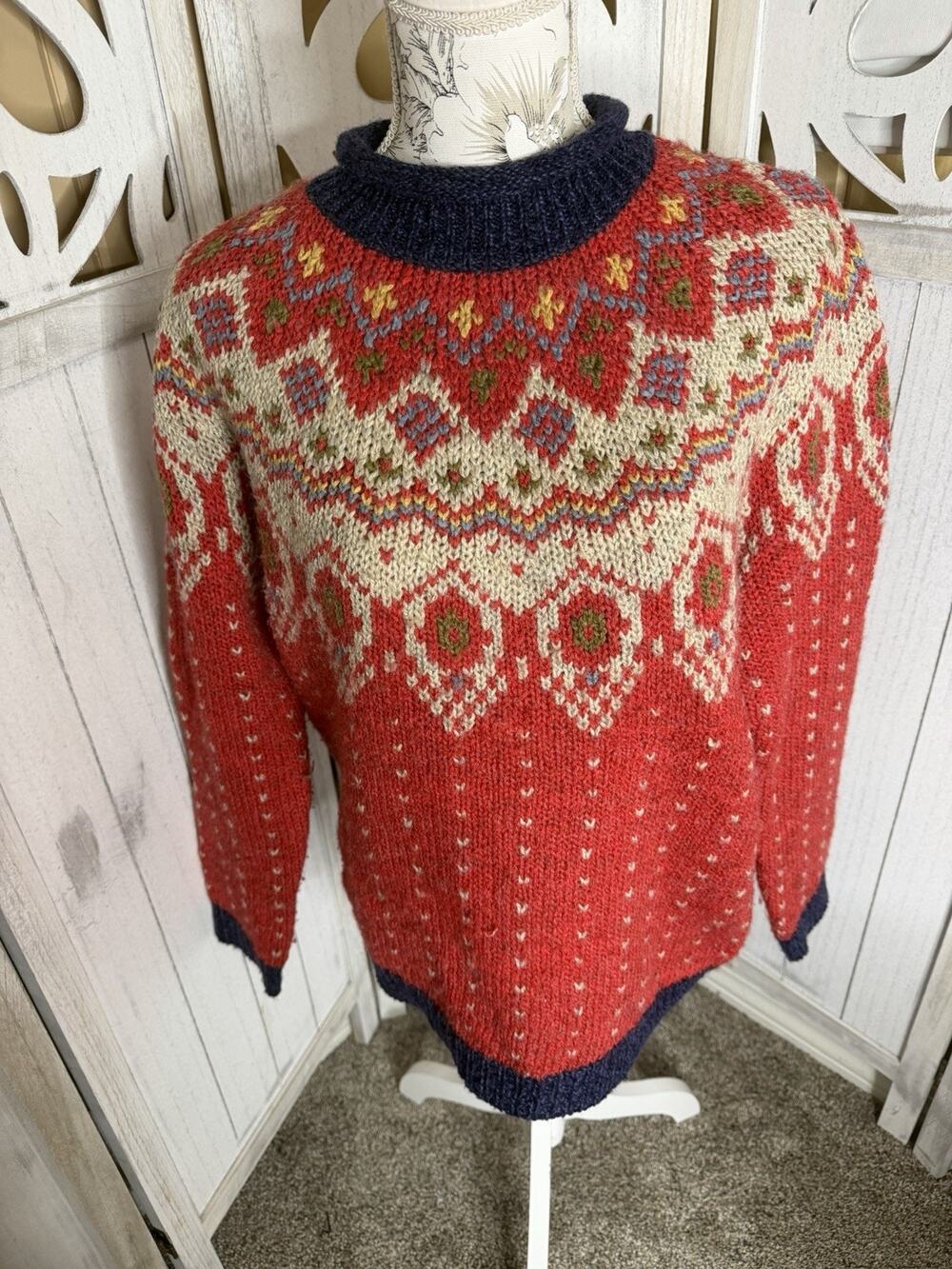 Vintage 90s Claudia D. Fair Isle Sweater Red Knit Wool Blend Scandinavian Small